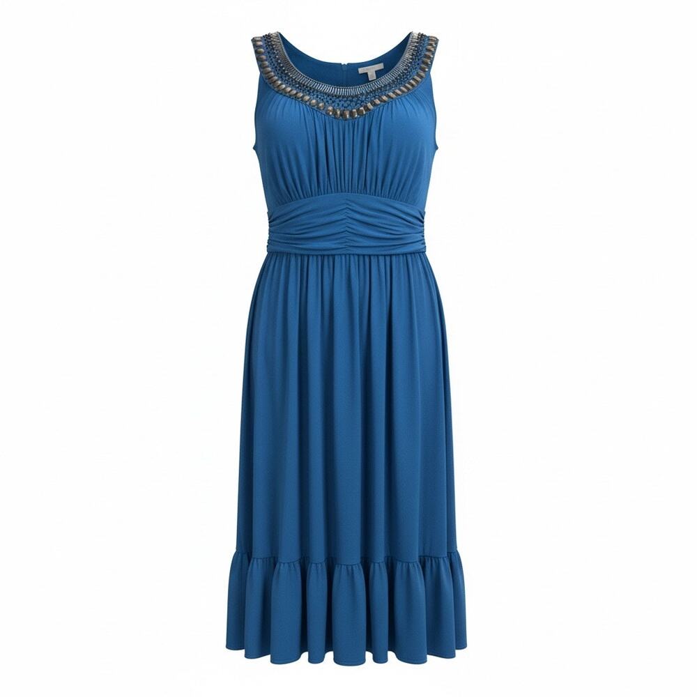 Jones New York Embellished Neckline Sleeveless Midi Dress Blue Tiered 12